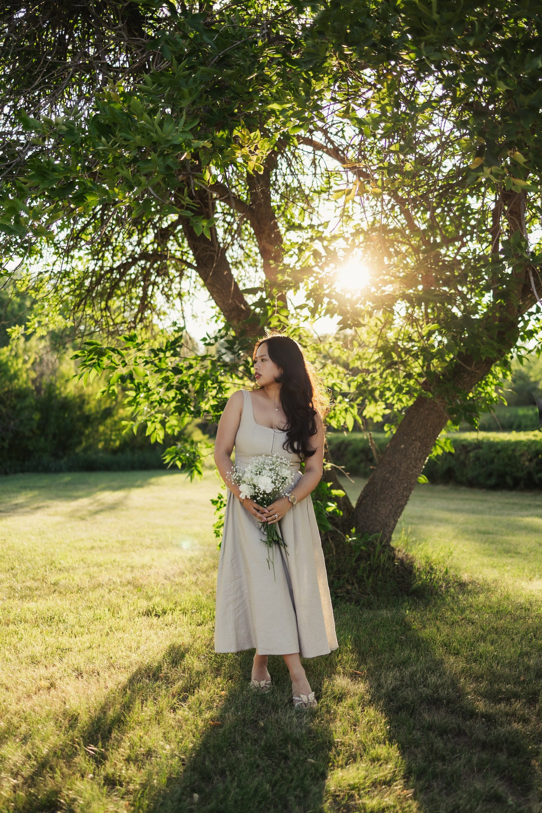 A woman in a white sundress holds a small bouquet beneath a tree in evening sunlight.
