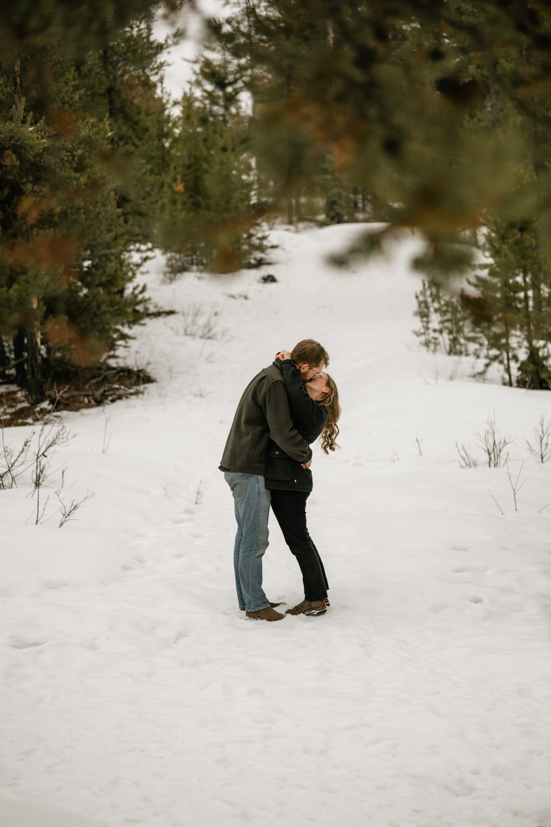 A couple kisses on a snowy trail, framed by evergreen branches.