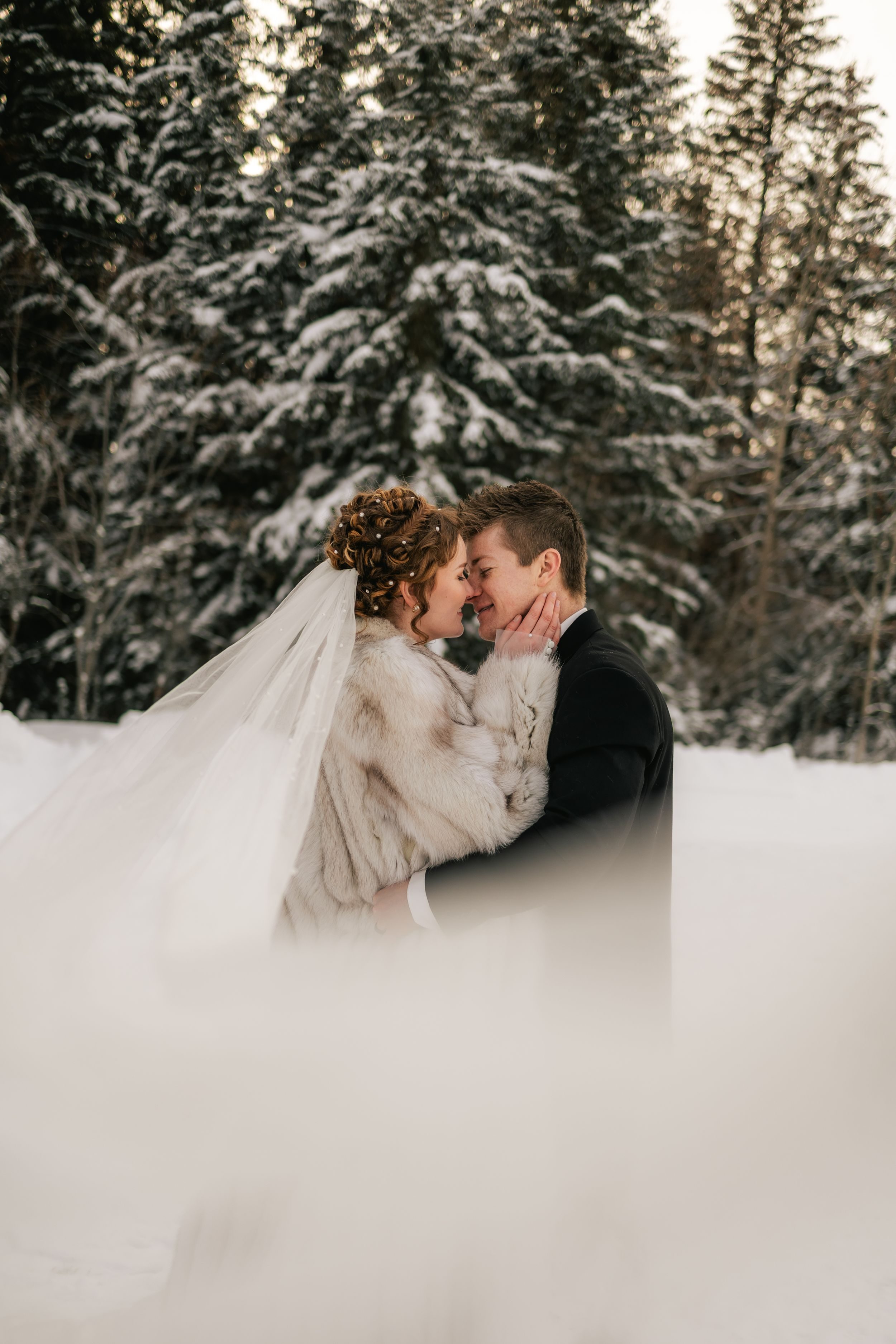 A winter bride in a fur wrap and her groom share a quiet moment, her veil drifting over the snow beneath frosted pines.